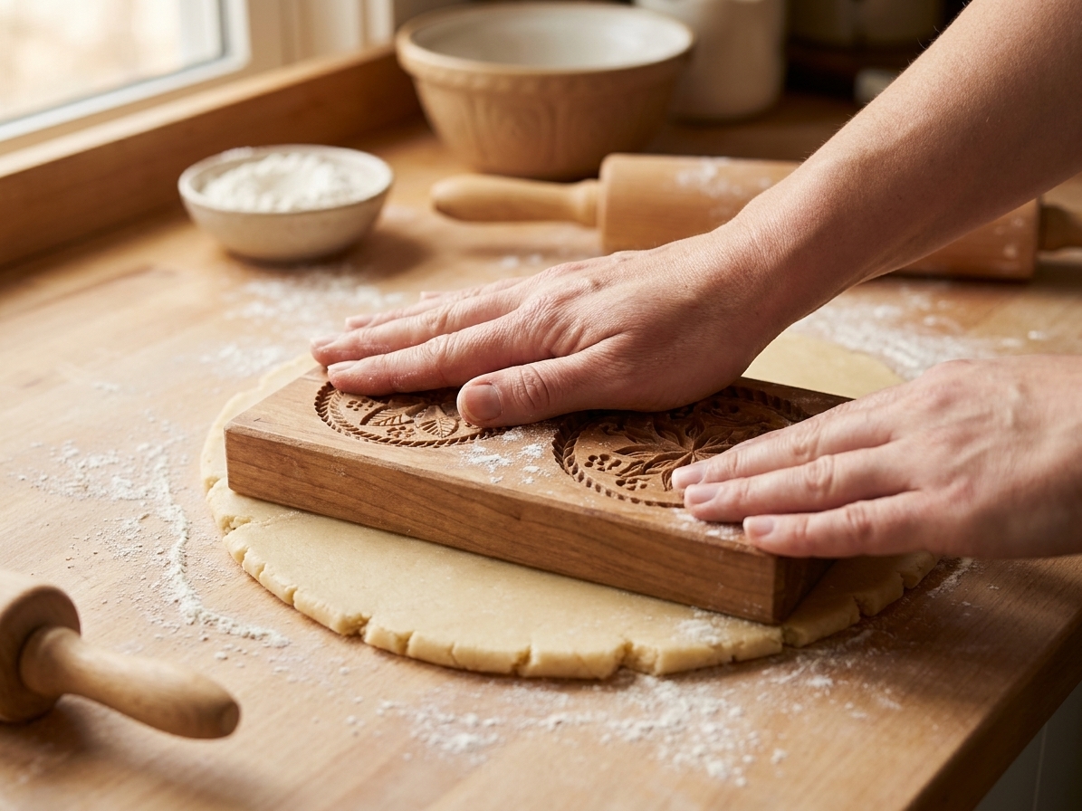 Hands pressing a carved wooden springerle mold into a rolled sheet of cookie dough on a lightly floured countertop