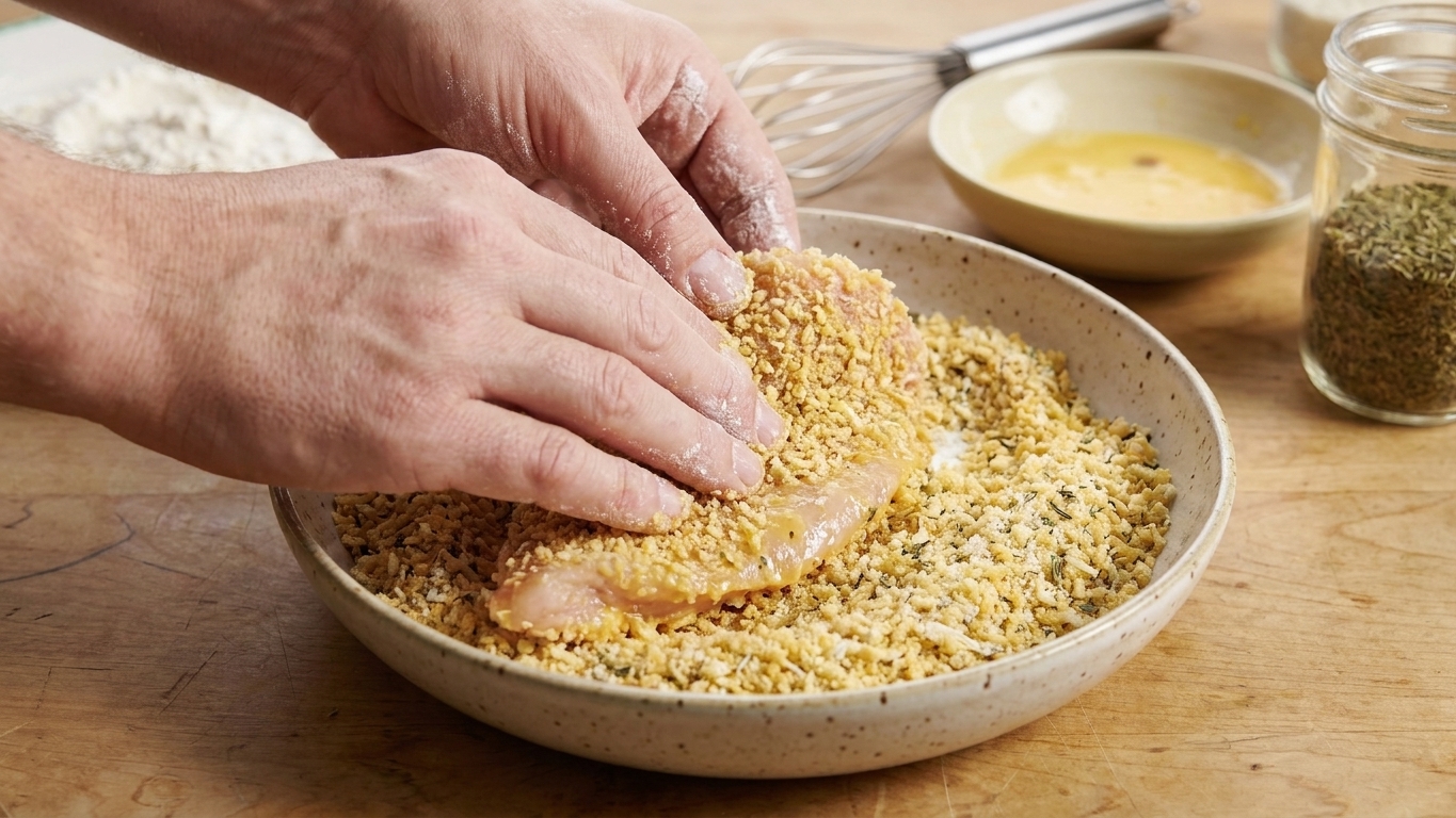 Hands pressing a chicken cutlet into panko breadcrumbs mixed with ranch seasoning in a shallow bowl