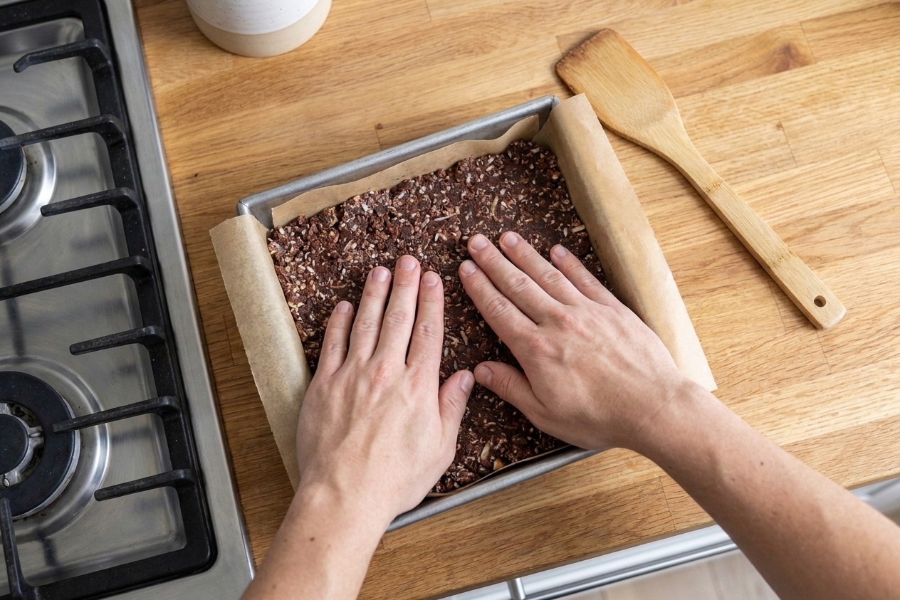 Hands pressing a dark chocolate coconut crumb mixture firmly into a parchment-lined square pan on a kitchen counter