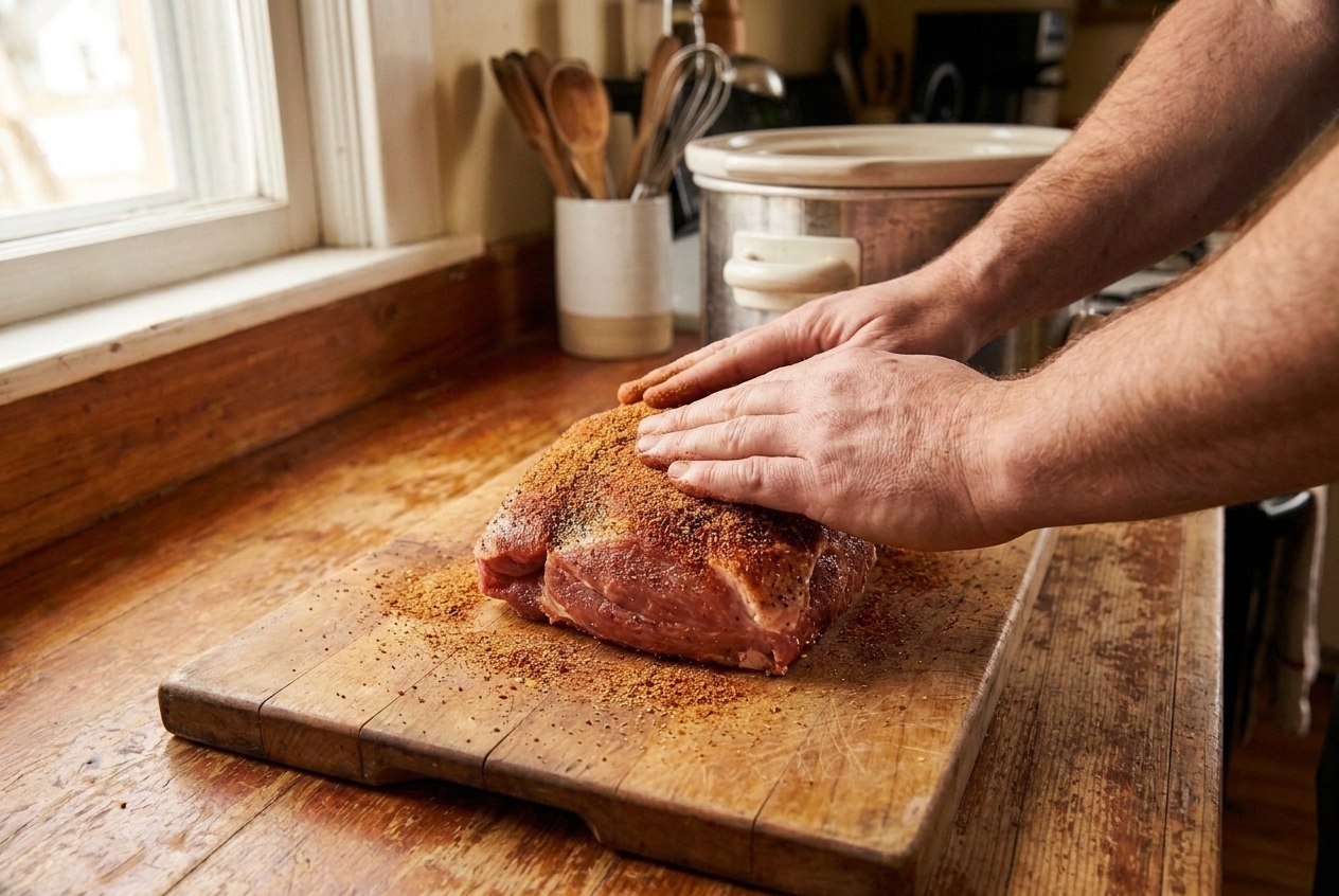 Hands pressing a dry spice rub onto a pork shoulder on a cutting board in a home kitchen