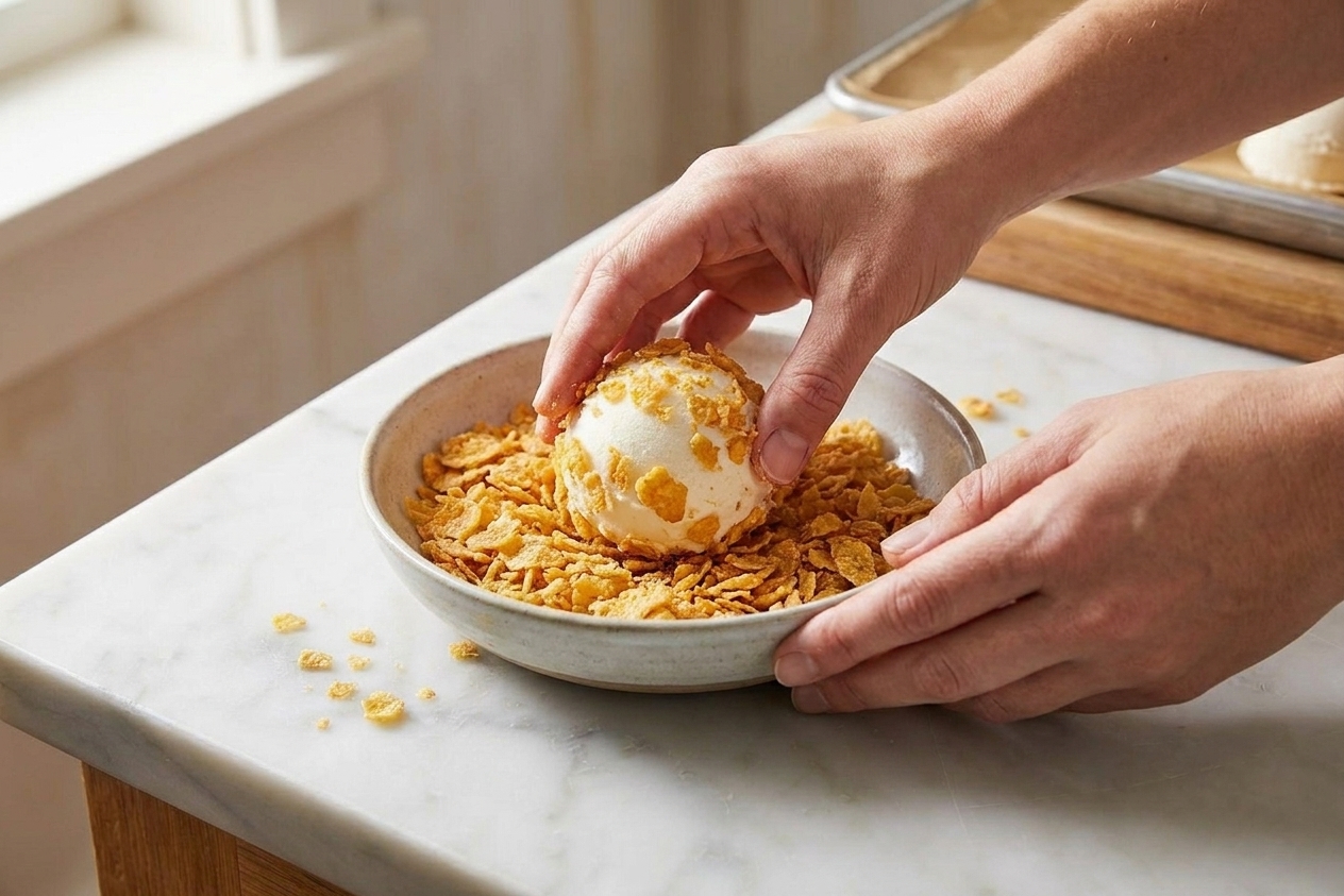 Hands pressing a frozen ice cream ball into crushed cornflakes in a shallow bowl on a kitchen counter