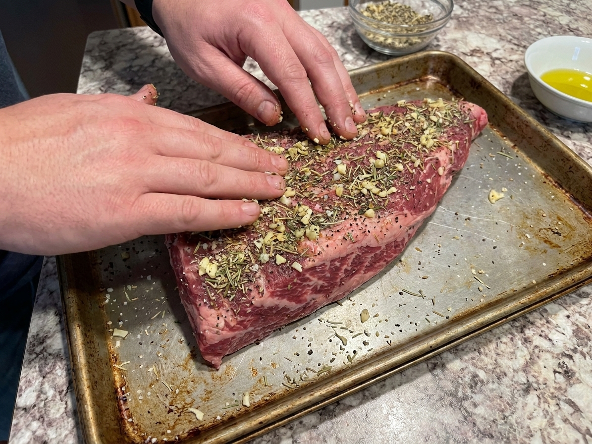 Hands pressing a garlic herb spice rub onto a raw tri tip roast on a sheet pan on a warm-lit kitchen counter