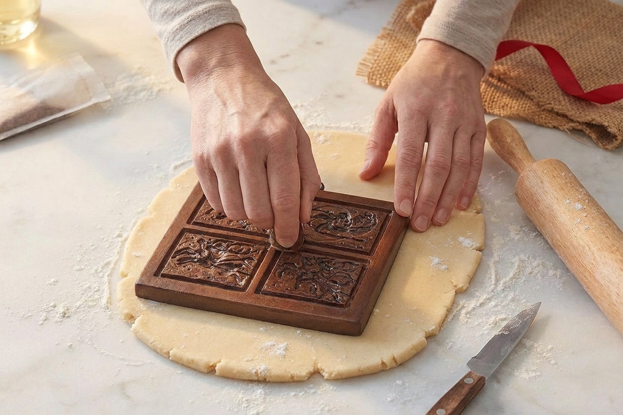 Hands pressing a patterned cookie stamp into rolled cookie dough on a lightly floured countertop