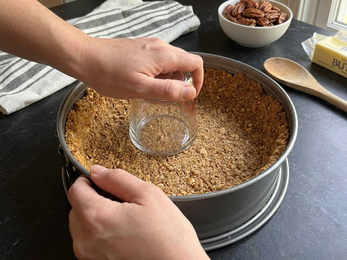 Hands pressing a pecan graham cracker crust into the bottom of a springform pan using the bottom of a measuring cup on a kitchen counter