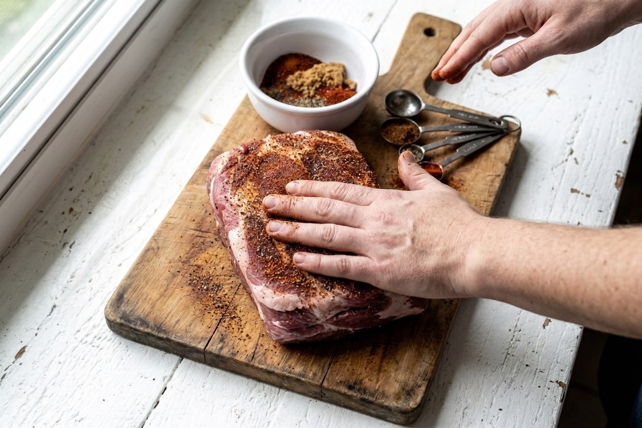 Hands pressing a smoky spice rub onto a pork shoulder on a cutting board in a home kitchen