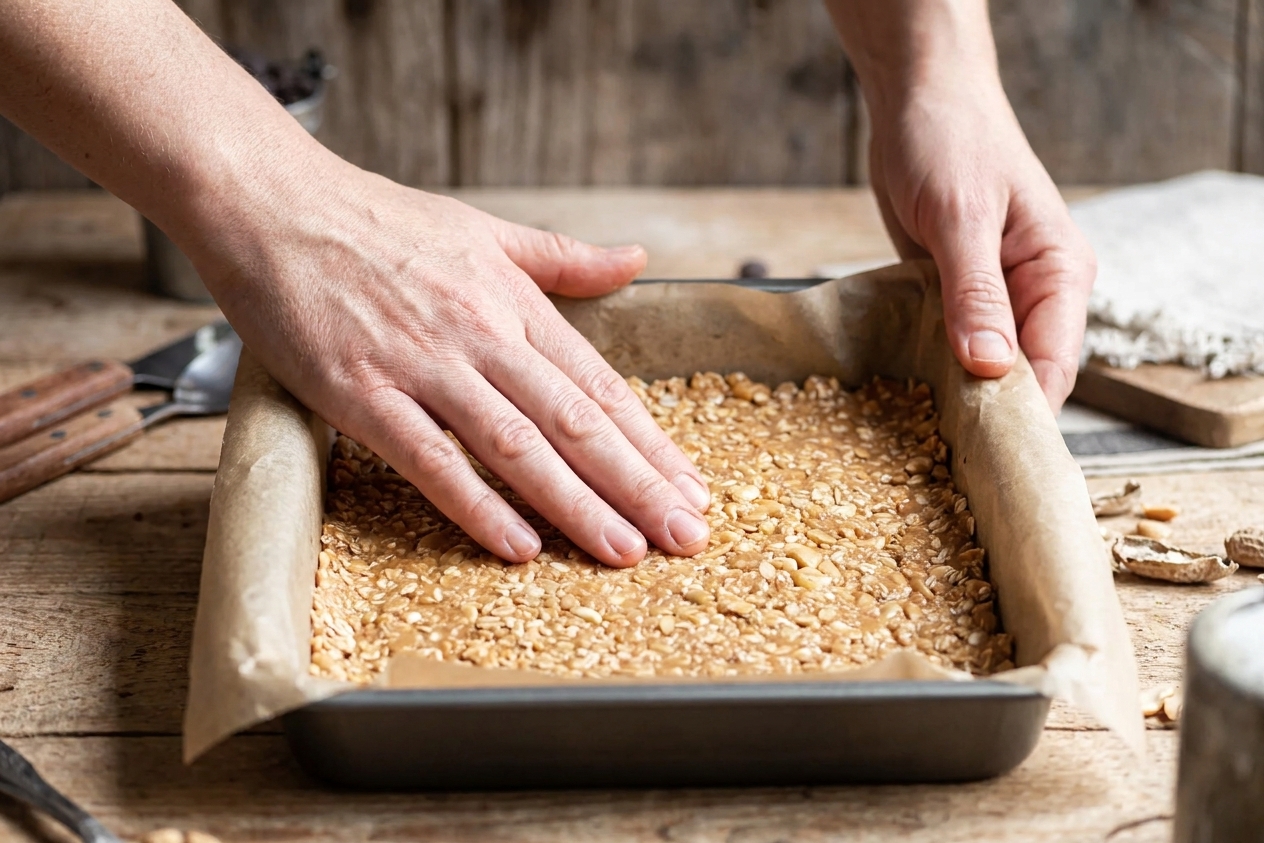 Hands pressing a thick oat and peanut butter mixture evenly into a parchment-lined square pan on a kitchen counter