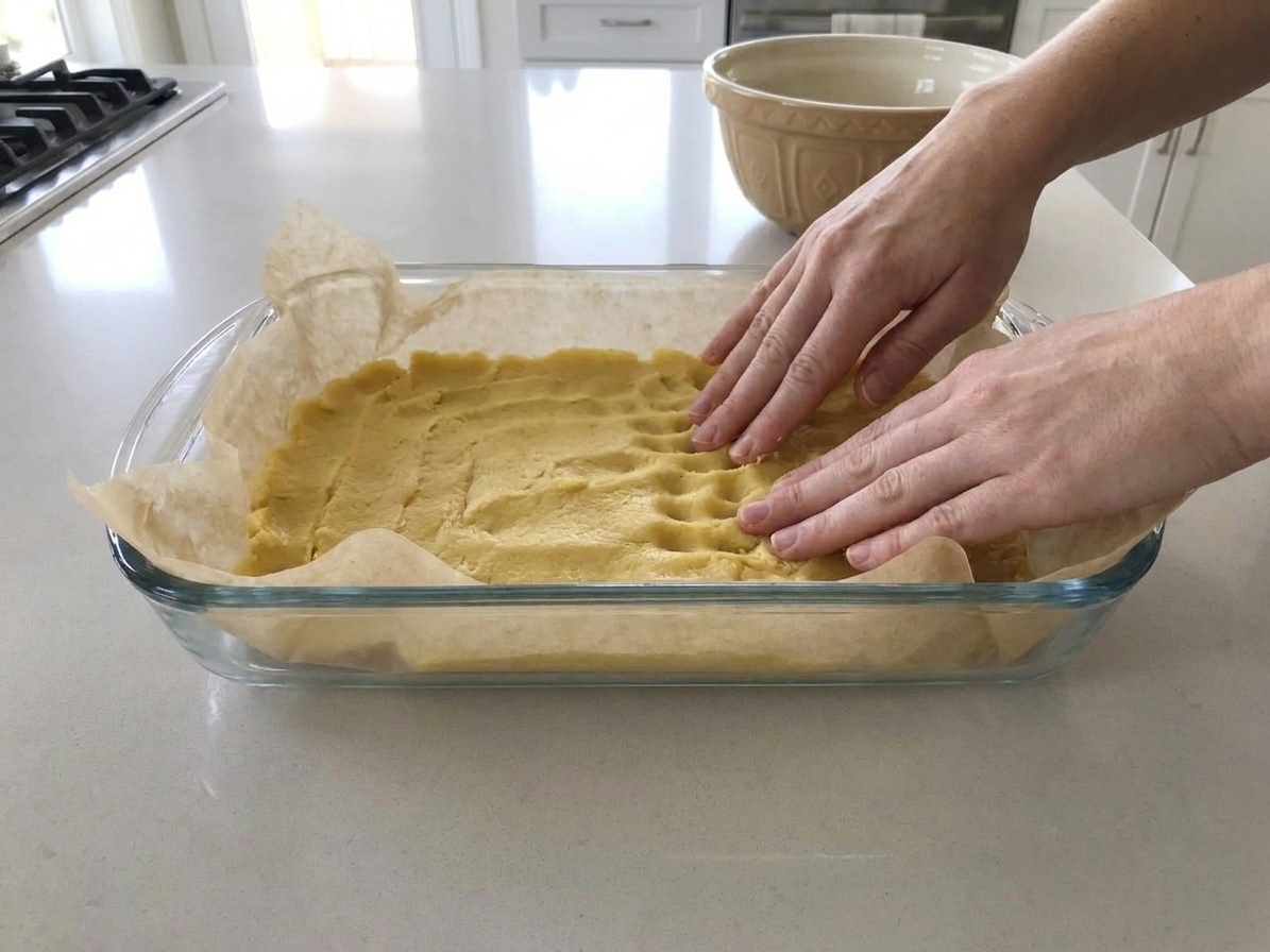 Hands pressing a thick yellow cake mix dough evenly into the bottom of a parchment-lined baking dish