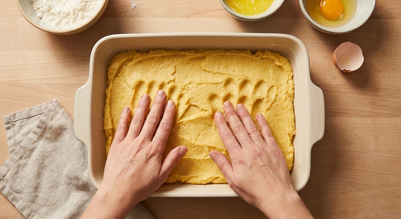 Hands pressing a thick yellow cake mix dough evenly into the bottom of a greased 9x13 pan