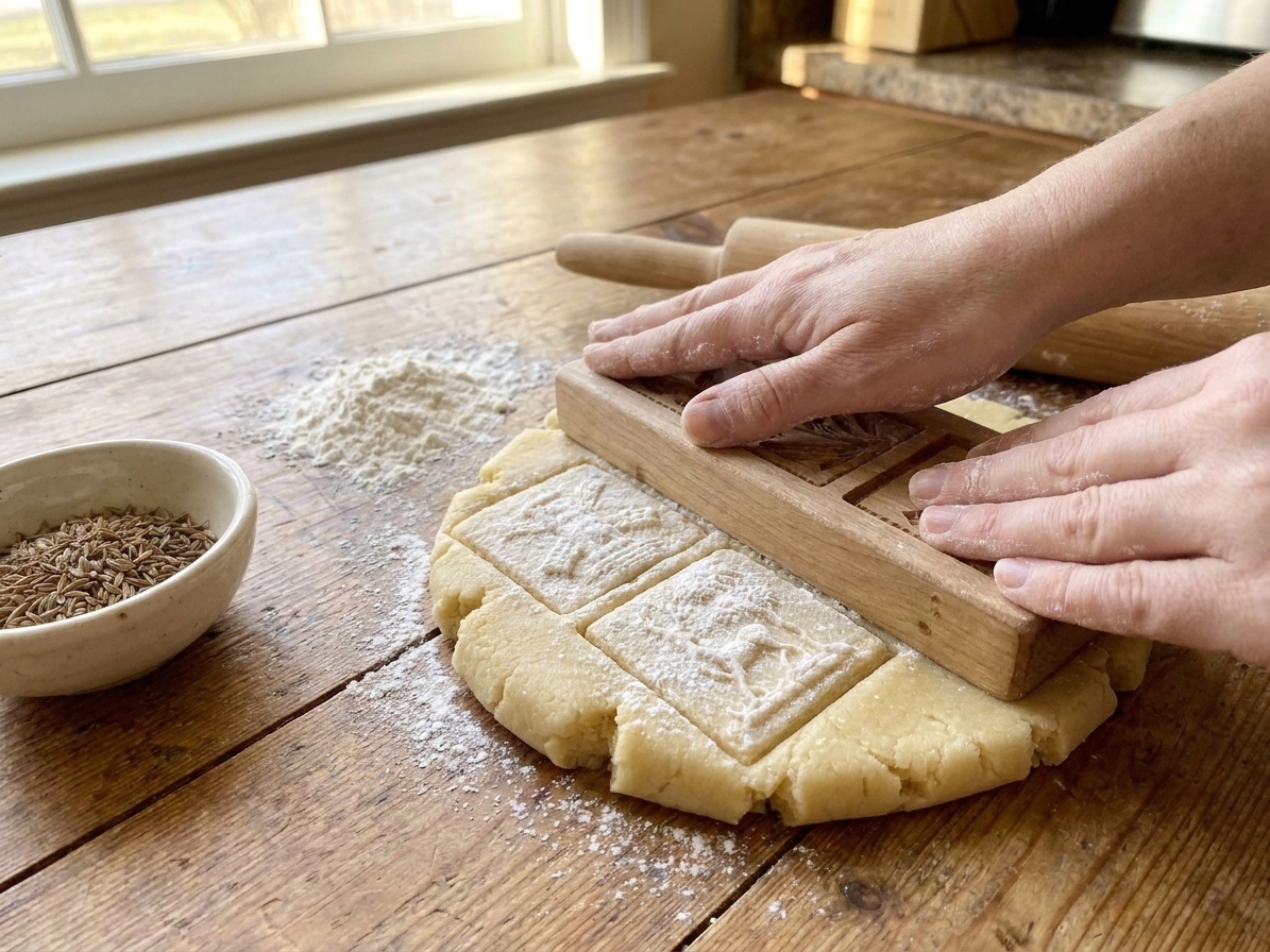 Hands pressing a wooden cookie mold into rolled dough on a powdered countertop, creating a crisp embossed pattern