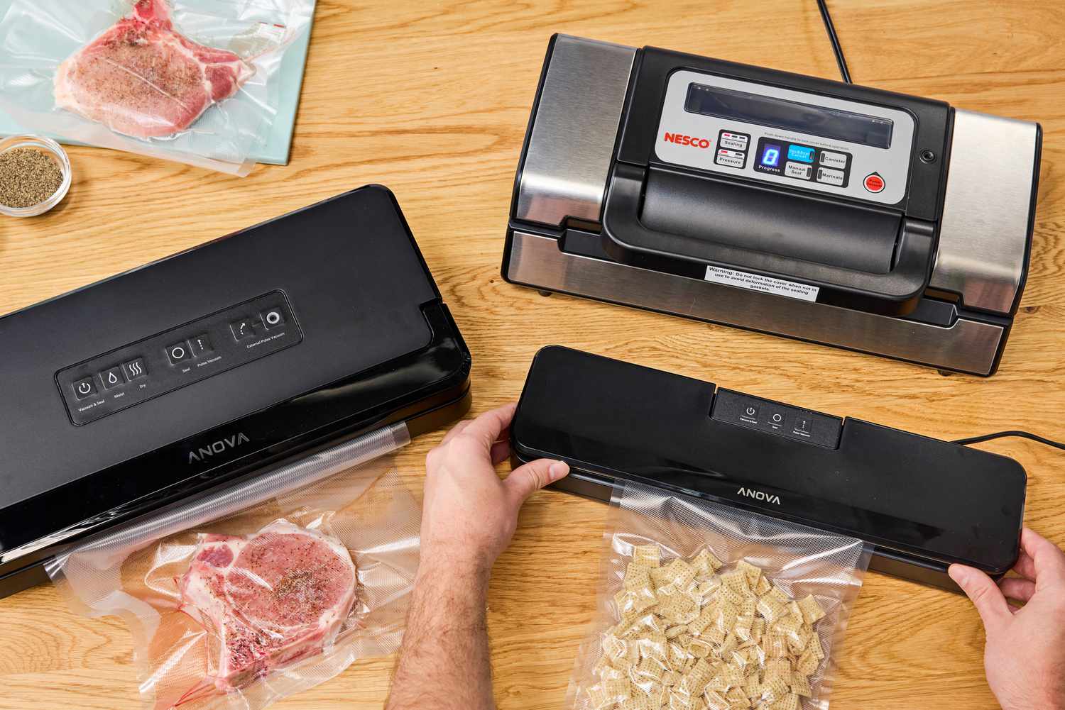 Hands pressing air out of a filled freezer bag and sealing it on a clean kitchen counter