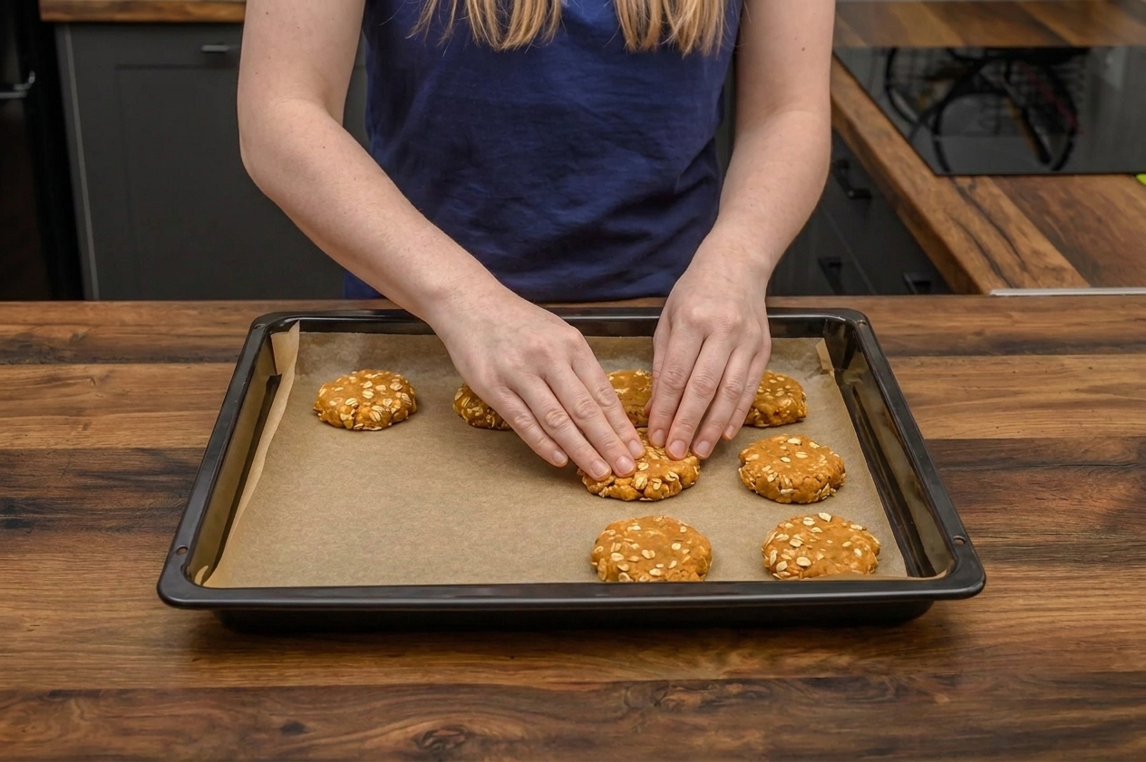 Hands pressing and shaping pumpkin oat dough into small flattened rounds on a parchment-lined baking sheet