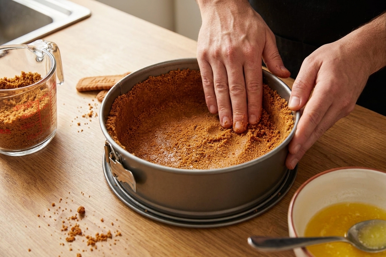 Hands pressing buttery Biscoff cookie crumbs into the bottom and up the sides of a springform pan on a kitchen counter, with a measuring cup and cookie crumbs nearby