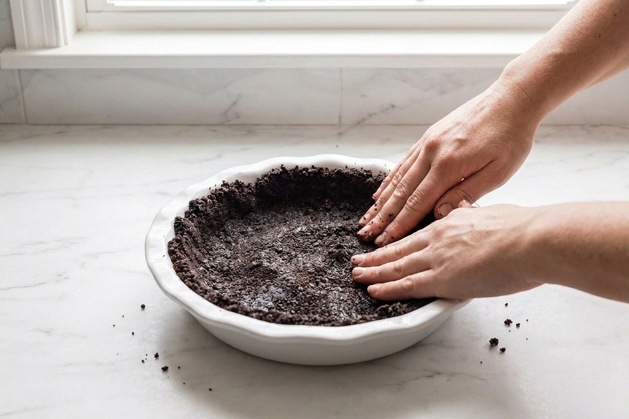 Hands pressing buttery Oreo cookie crumbs firmly into a 9-inch pie plate to form an even crust on a kitchen counter