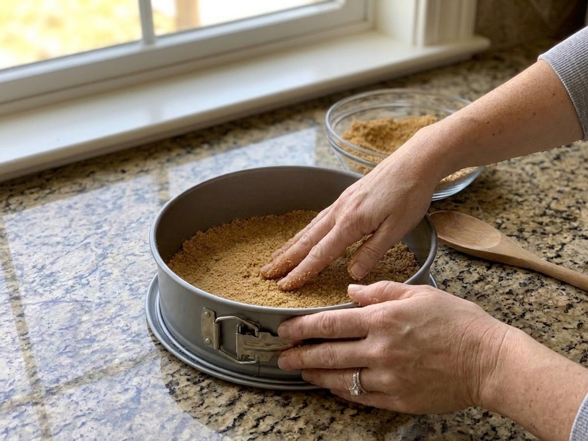 Hands pressing buttery graham cracker crumbs evenly into the bottom of a springform pan on a kitchen counter