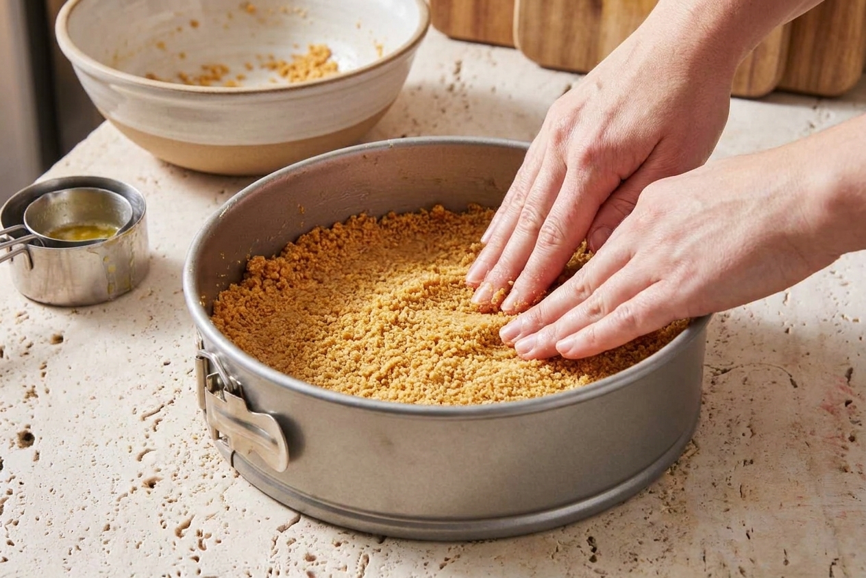 Hands pressing buttery graham cracker crumbs into the bottom of a springform pan on a kitchen counter