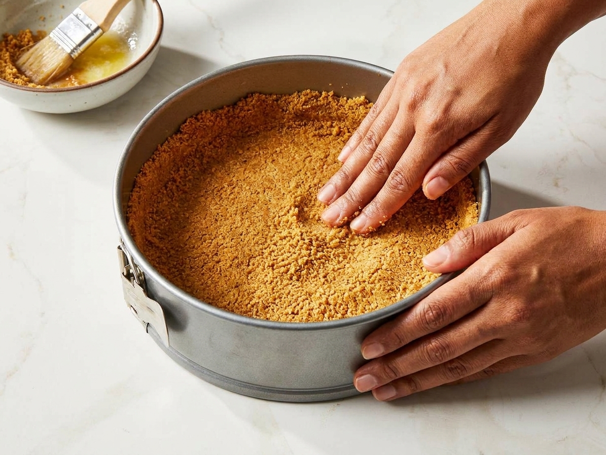 Hands pressing buttery graham cracker crumbs into the bottom and slightly up the sides of a springform pan on a kitchen counter
