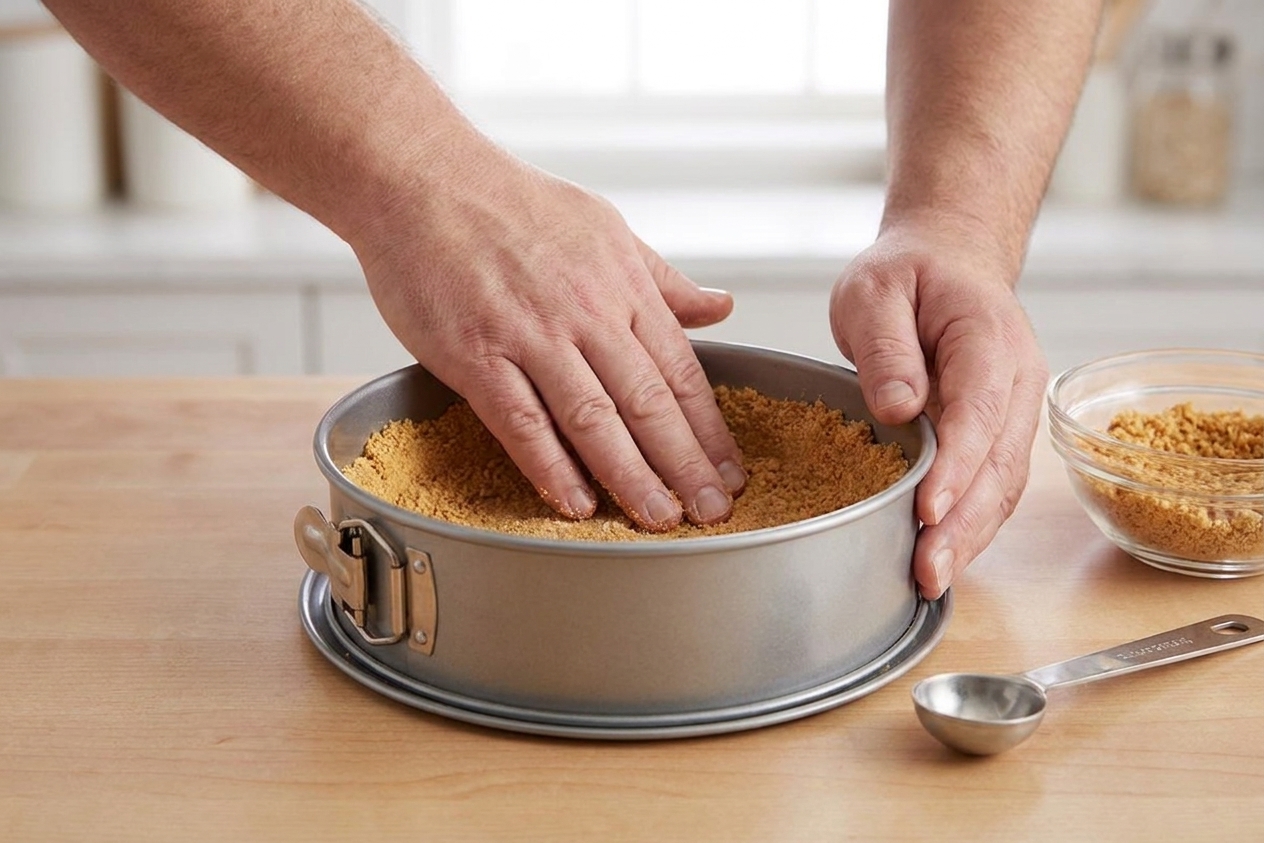 Hands pressing buttery graham cracker crumbs into the bottom of a springform pan on a kitchen counter