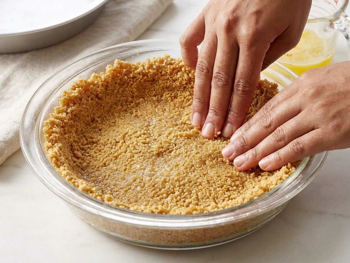 Hands pressing buttery graham cracker crumbs into a glass pie dish on a bright kitchen counter