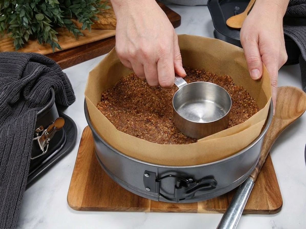 Hands pressing buttery graham cracker crumbs into a springform pan using a measuring cup on a clean countertop