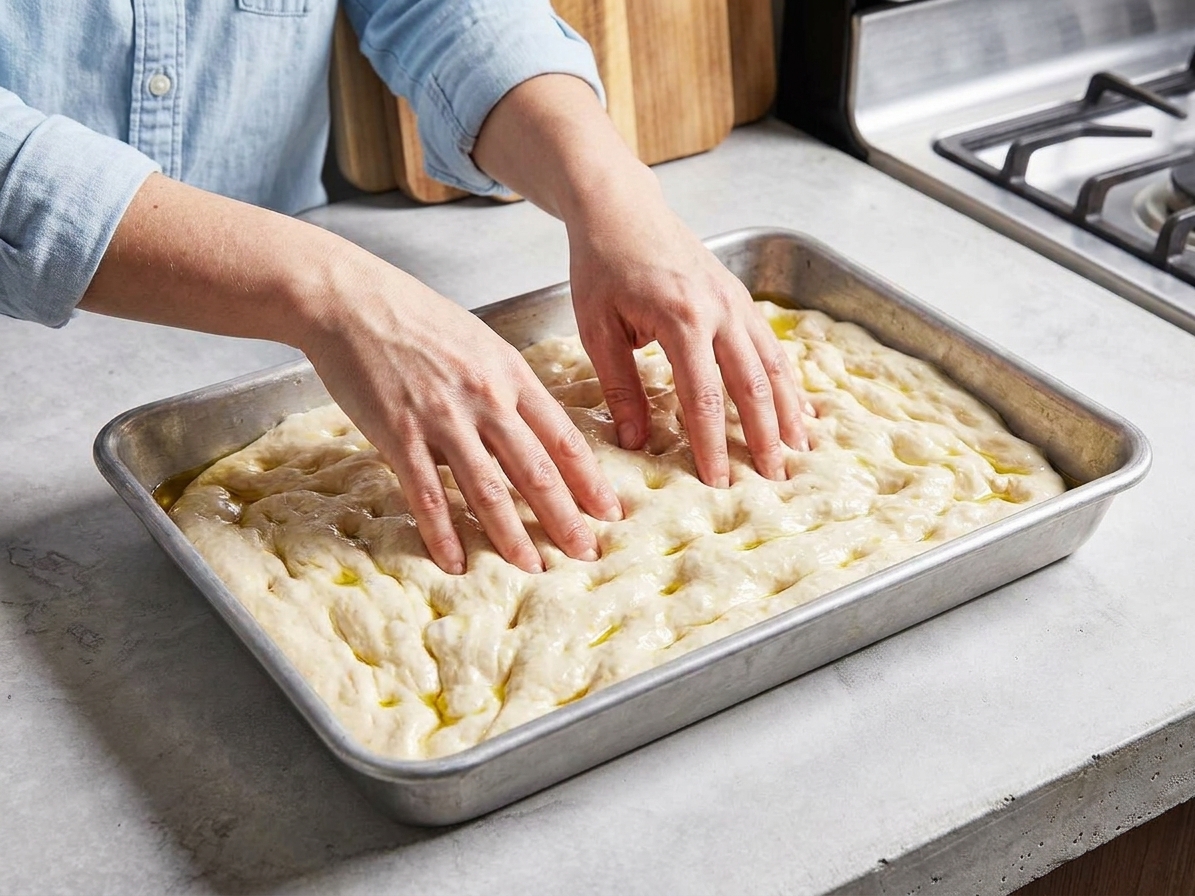 Hands pressing fingertips into risen focaccia dough in a sheet pan to create deep dimples before baking