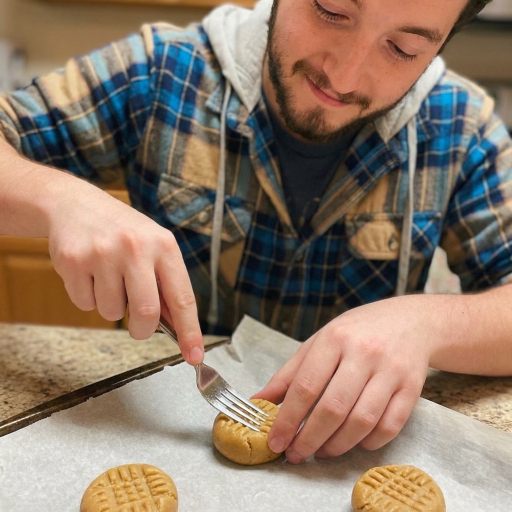 Hands pressing fork tines into a peanut butter cookie dough ball to make a crosshatch pattern on a baking sheet lined with parchment paper
