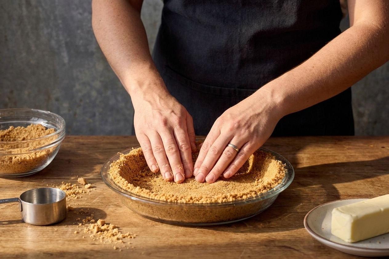 Hands pressing graham cracker crumb mixture firmly into a glass pie dish on a kitchen counter