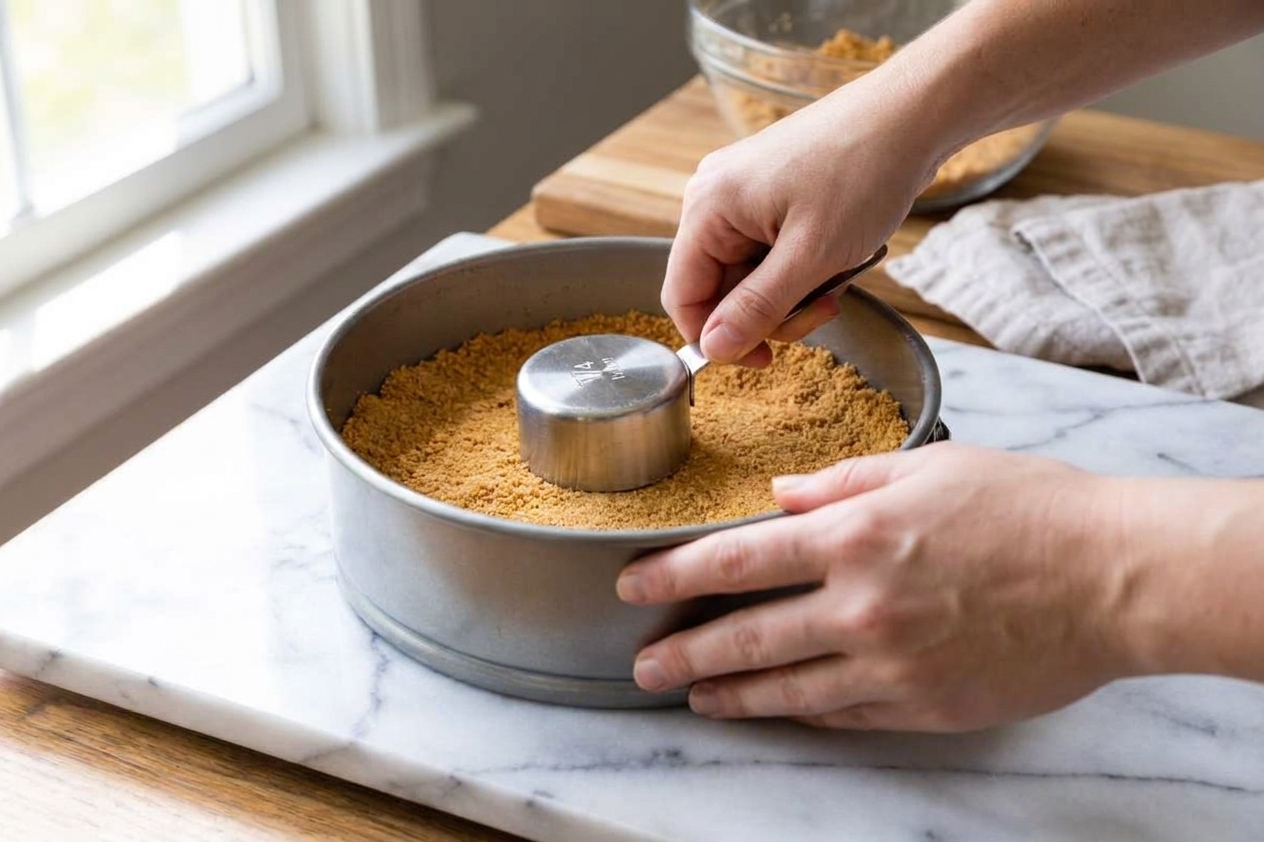 Hands pressing graham cracker crust into the bottom of a springform pan with a measuring cup on a kitchen counter