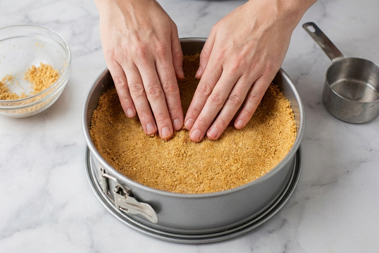 Hands pressing graham cracker crust mixture firmly into a springform pan on a kitchen counter