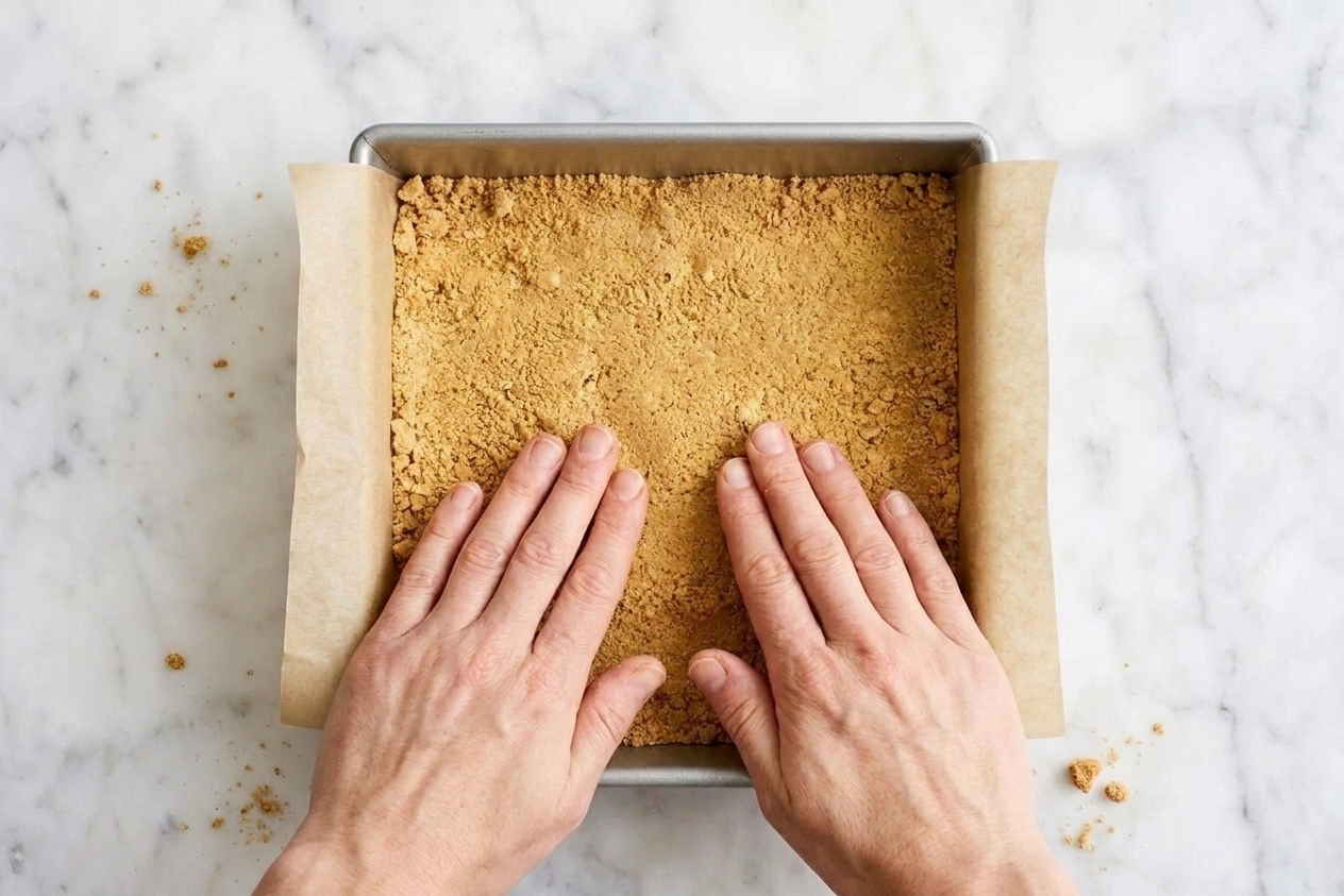 Hands pressing graham cracker crust mixture firmly into a parchment-lined square baking pan on a kitchen counter