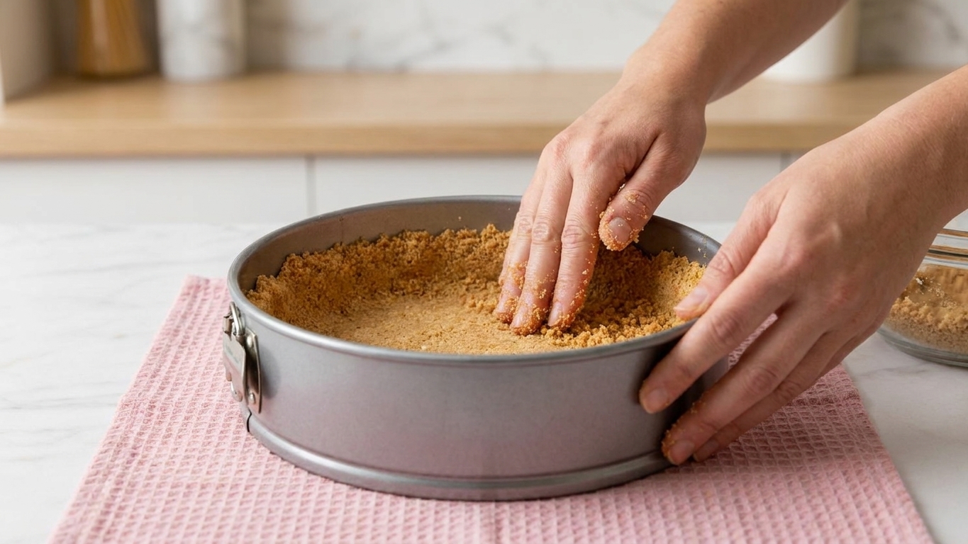 Hands pressing graham cracker crust mixture into the bottom of a springform pan on a kitchen counter