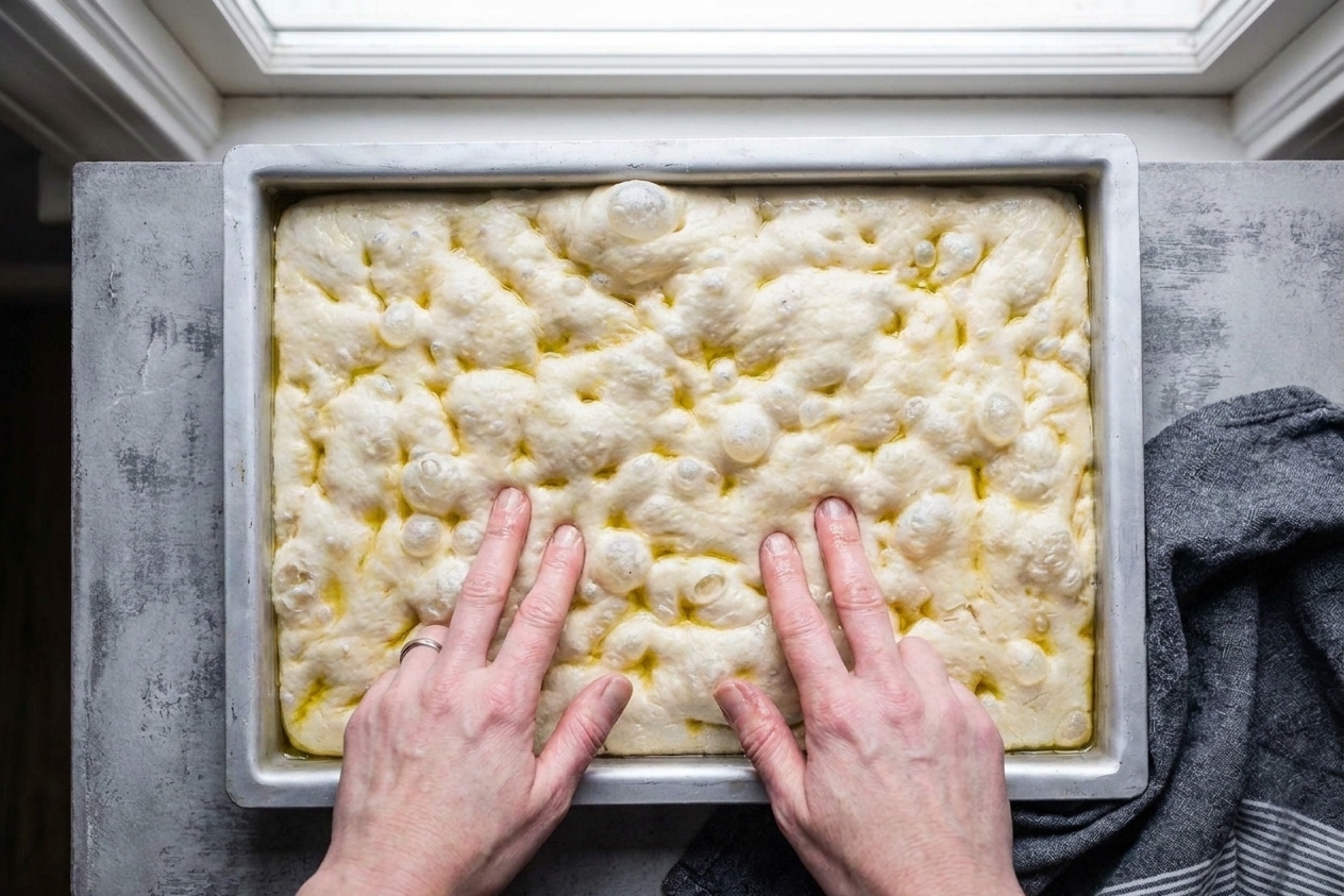 Hands pressing oiled fingertips into risen focaccia dough in a metal pan, creating deep dimples