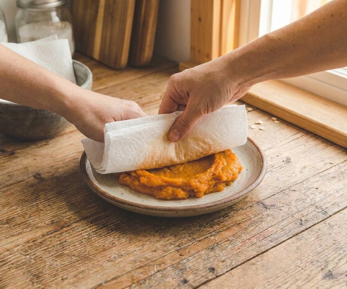 Hands pressing paper towels onto pumpkin puree on a plate to remove excess moisture