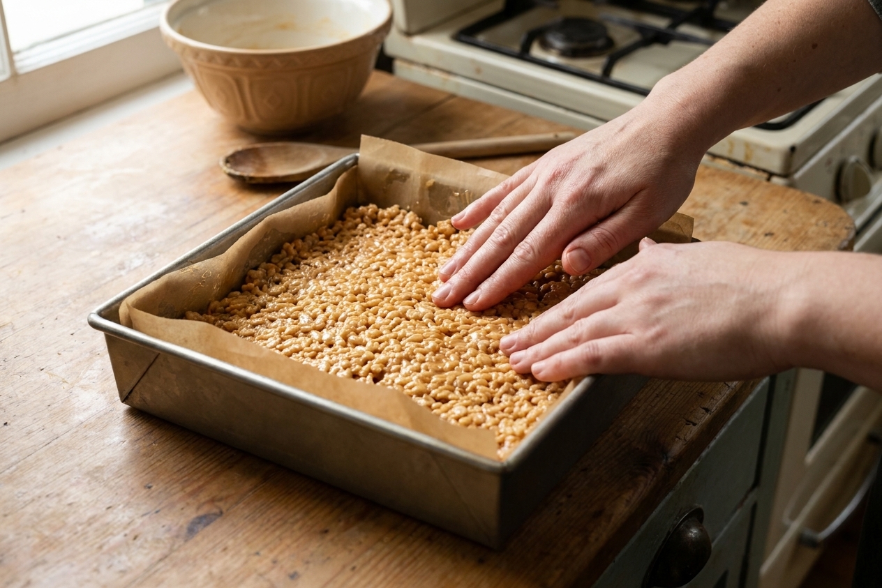 Hands pressing peanut butter Rice Krispie treat mixture gently into a parchment-lined square pan on a kitchen counter