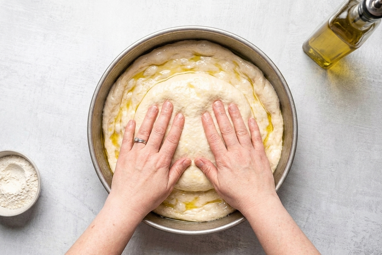 Hands pressing pizza dough into a well-oiled deep dish pan, pushing it up the sides