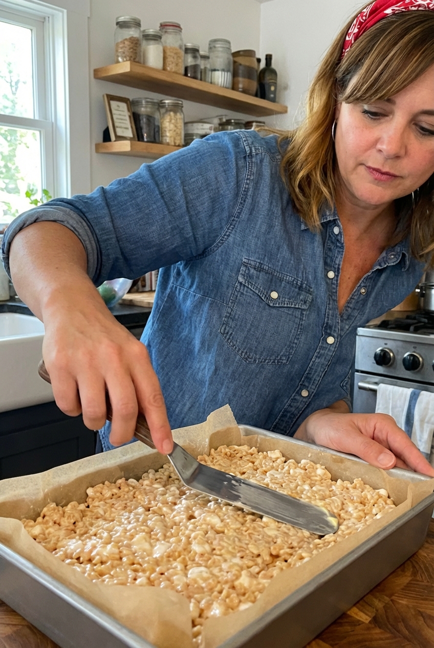 Hands pressing rice krispies treat mixture into a parchment lined baking pan with a buttered spatula