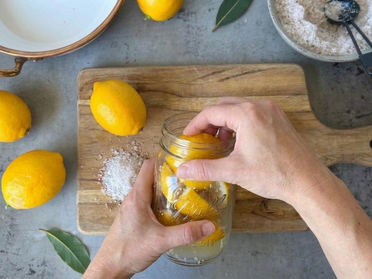 Hands pressing salted lemon quarters into a glass mason jar on a kitchen counter