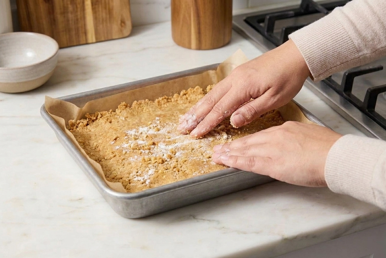 Hands pressing shortbread crust mixture evenly into a parchment lined 9x13 baking pan on a kitchen counter