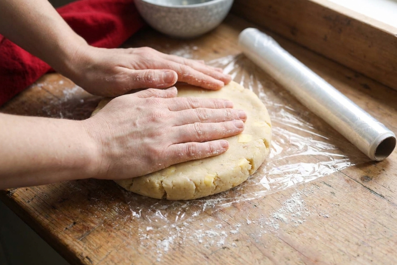 Hands pressing shortcrust dough into a flat disk on a lightly floured countertop, with plastic wrap nearby