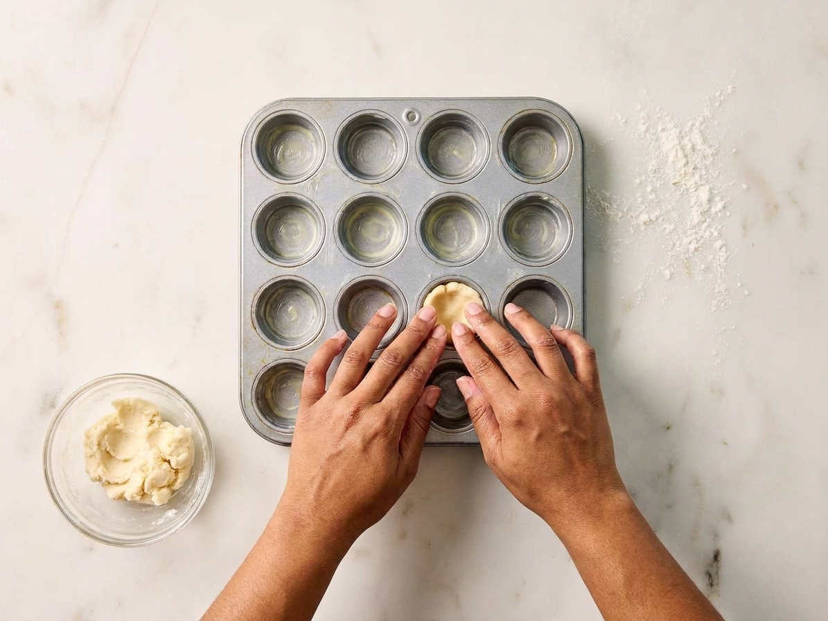 Hands pressing small portions of cream cheese dough into greased mini muffin cups on a kitchen counter