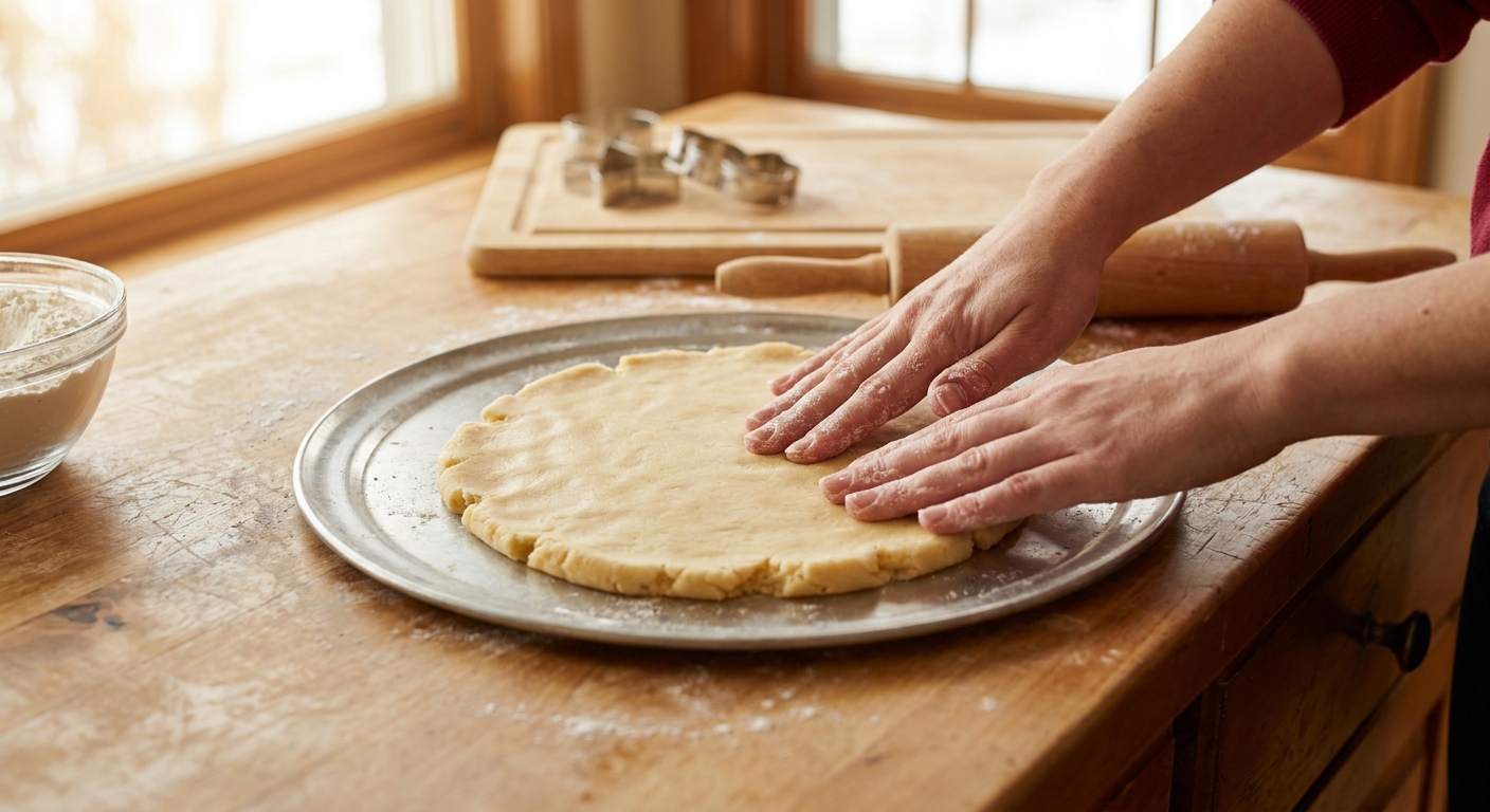 Hands pressing soft sugar cookie dough evenly into a round pizza pan on a kitchen counter