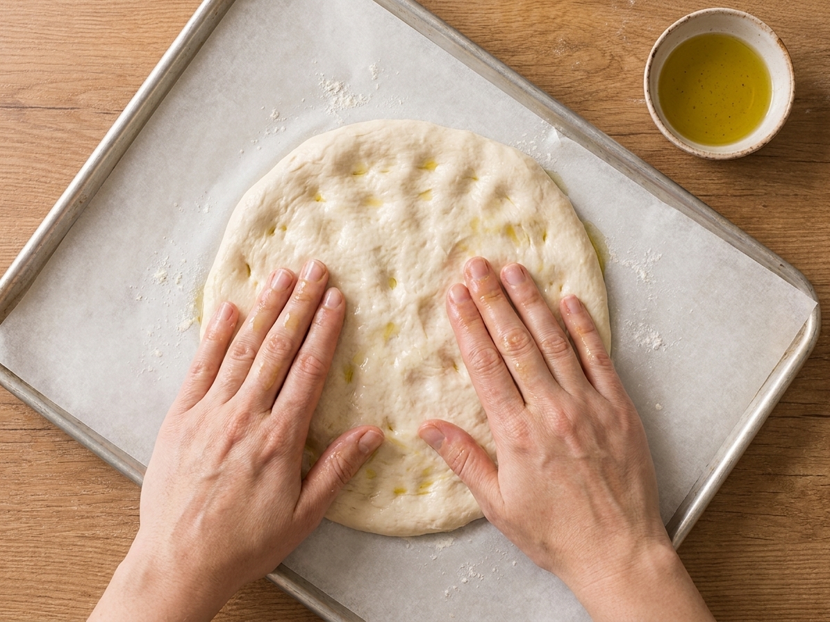Hands pressing sticky gluten-free pizza dough into a round on parchment paper on a sheet pan, with a small bowl of olive oil nearby
