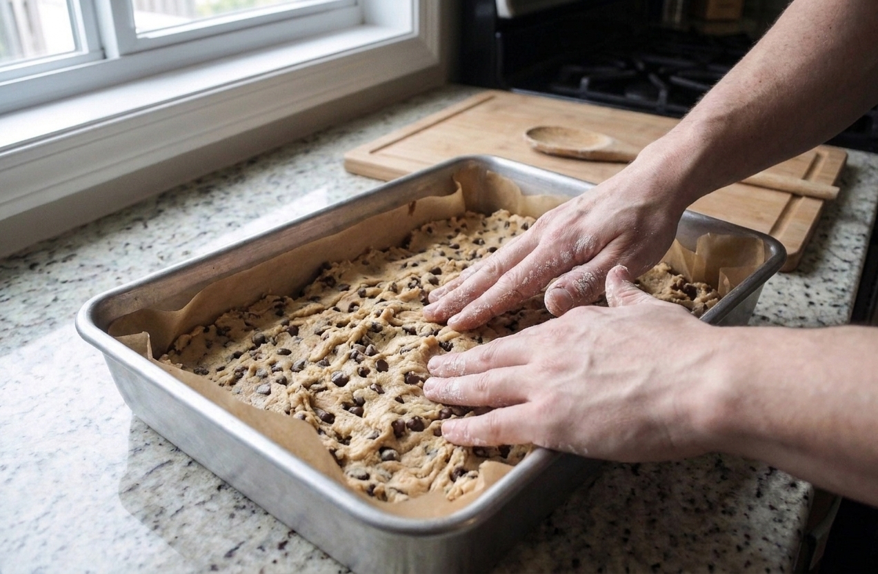 Hands pressing thick chocolate chip cookie dough evenly into a parchment-lined 9x13-inch baking pan