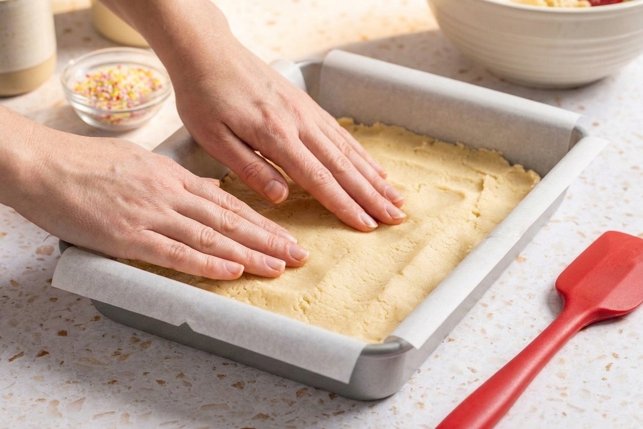 Hands pressing thick cookie dough evenly into a parchment-lined 9x13 pan on a kitchen counter