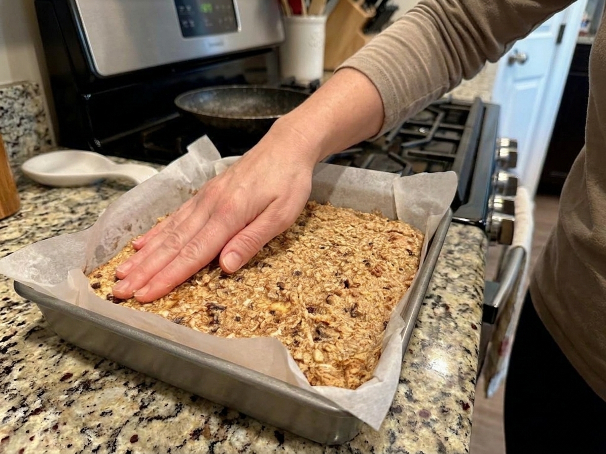 Hands pressing thick oatmeal bar mixture into a parchment-lined square baking pan on a kitchen counter
