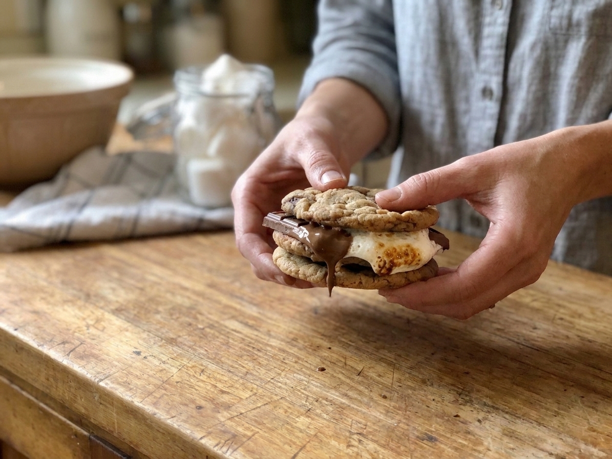 Hands pressing together two warm cookies with melted chocolate and a toasted marshmallow to form a cookie s’more
