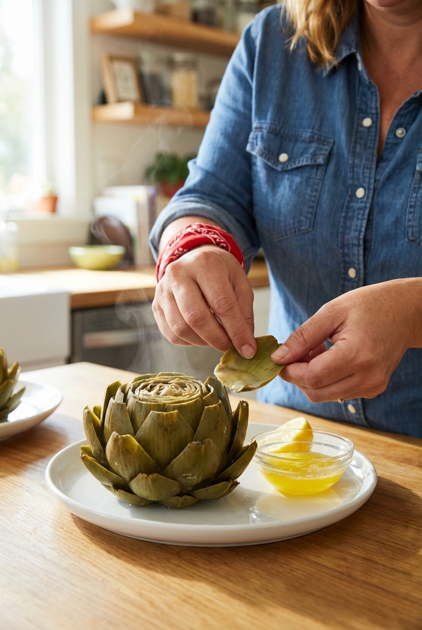 Hands pulling a leaf from a steamed artichoke at a kitchen table