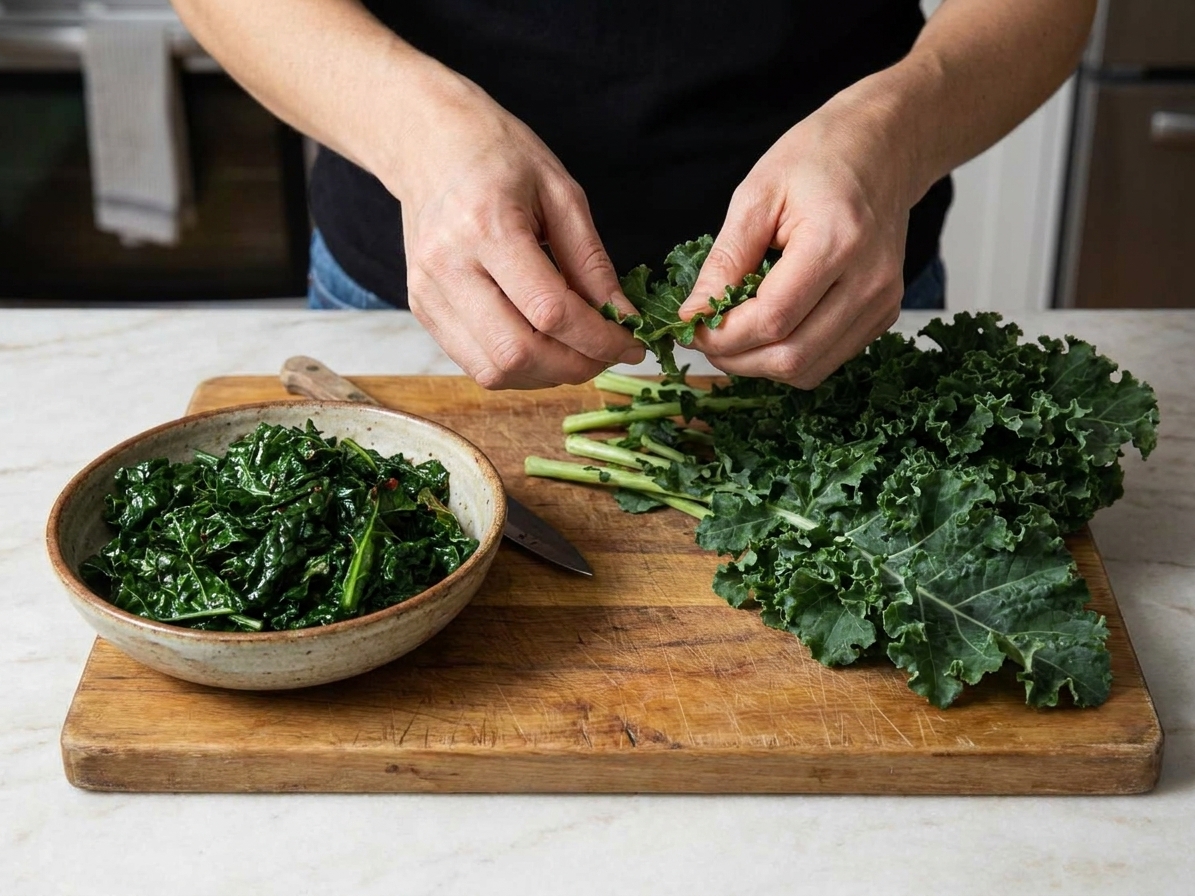 Hands removing thick stems from kale leaves on a wooden cutting board in a home kitchen