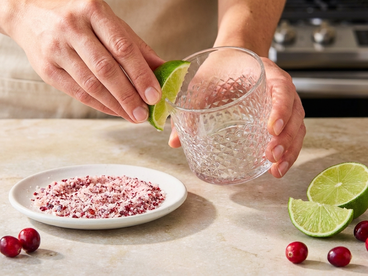Hands rimming a rocks glass with a lime wedge over a kitchen counter, with a plate of cranberry-salt mixture nearby