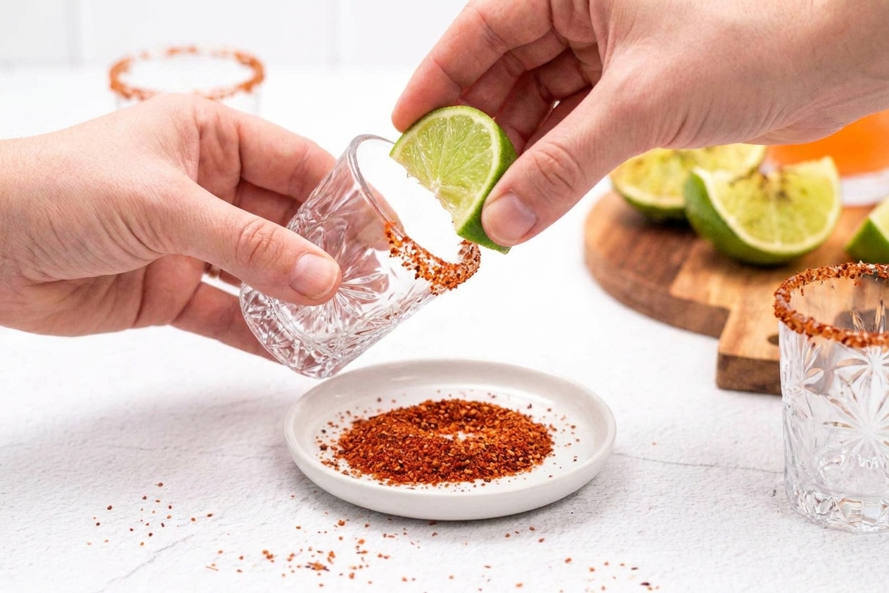 Hands rimming a shot glass with a lime wedge and dipping it into Tajín on a small plate on a kitchen counter