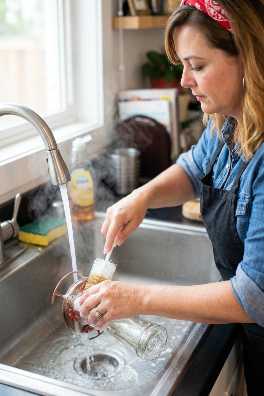 Hands rinsing and scrubbing a hummingbird feeder in a kitchen sink with a small bottle brush and hot water, real photo